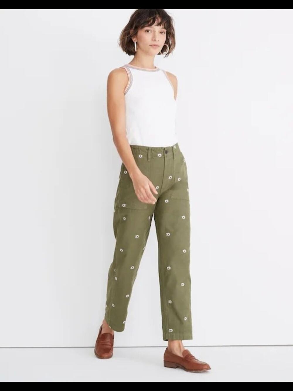 Madewell Griff Fatigue Pants Olive Green Daisy Embroidered Flowers Boho 26